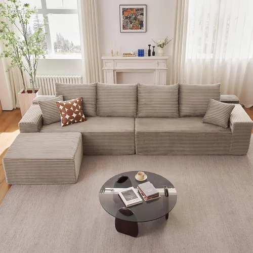 Vista 42 de Sofá modular de 96 pulgadas en forma de L, sofá modular de 3 asientos, sofá modular de pana de espuma viscoelástica sin hueso para sala de estar