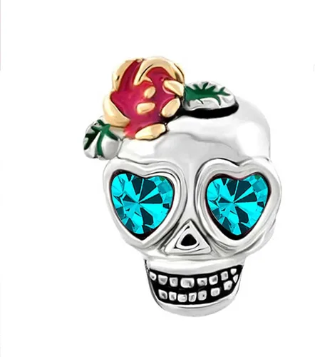 Vista 2 de KunBead Dijes de cuentas de corazón de calavera de azúcar compatibles con pulseras Pandora para mujeres y niñas