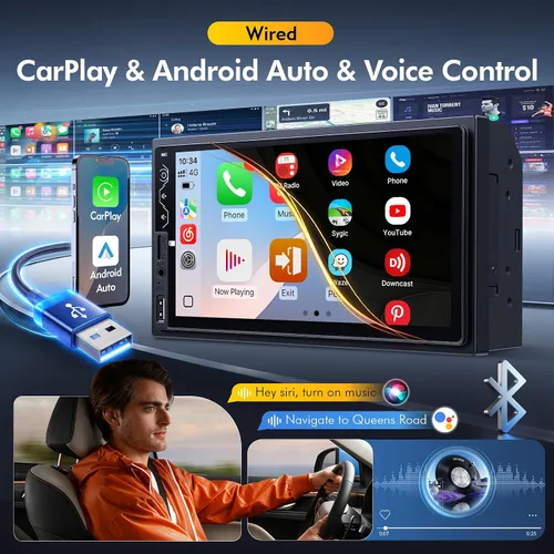 Vista 2 de Estéreo de auto Naifay doble DIN con Apple CarPlay y Android Auto