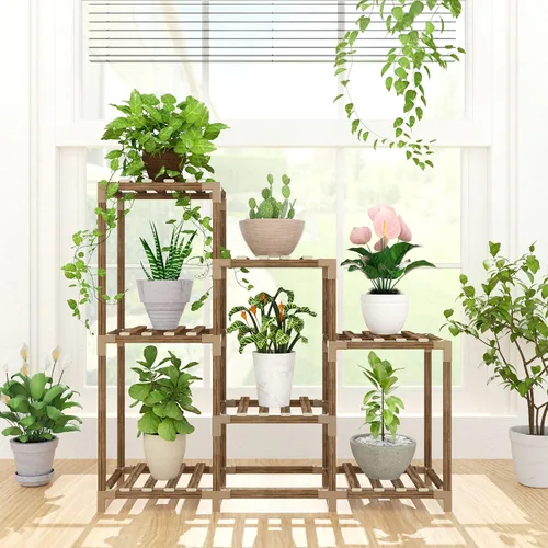 Vista 11 de Tikea Soporte para Plantas de Interior y Exterior Soporte Hexagonal de Esquina para Plantas Suculentas Plantas Pequeñas Estante de Madera