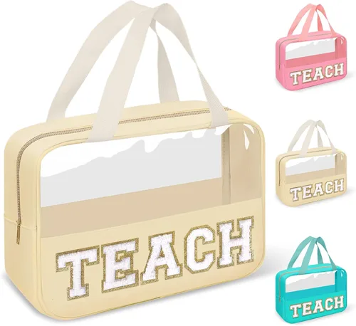 Vista 17 de izuzta Bolsas de maquillaje transparentes tipo tote con letras de chenilla, bolsa de maquillaje preppy con asa, Moda