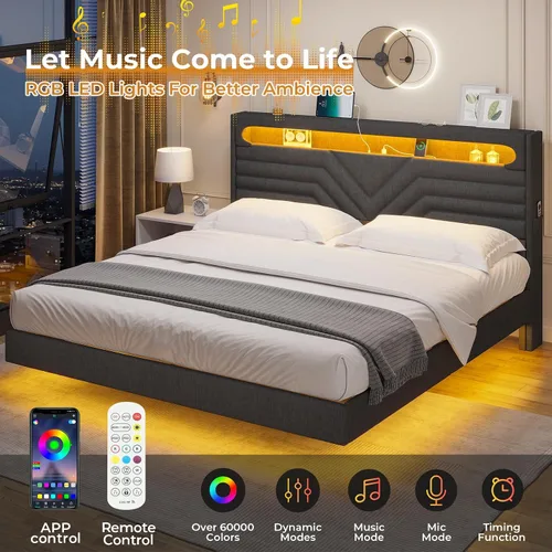 Vista 3 de HAUOMS - Base de cama flotante LED tamaño matrimonial con cabecera de almacenamiento, color gris oscuro Upholstered Full Platform Bed Frame with