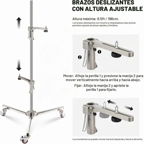 Vista 5 de NEEWER Soporte para luz de acero inoxidable de 198 cm/6.5 pies, soporte de trípode resistente con ruedas con rodamientos, 2 brazos deslizantes