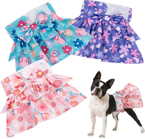 Vista 11 de Pet Soft Pañales para perras – Paquete de 3 pañales lavables estilo vestido para perras hembras en celo – Bragas reutilizables para perrito, pañal
