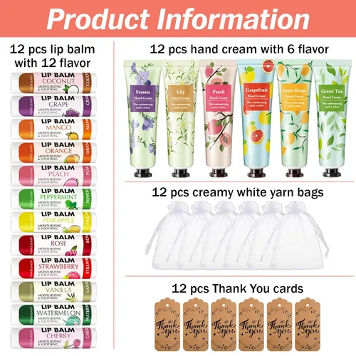 Vista 2 de AZEN 12 Sets Bulk Gifts, Hand Cream and Lip Balm Bulk Set with Organza Bag Thank You Card, Baby Shower Wedding Gifts for Guests, Bridal Wedding