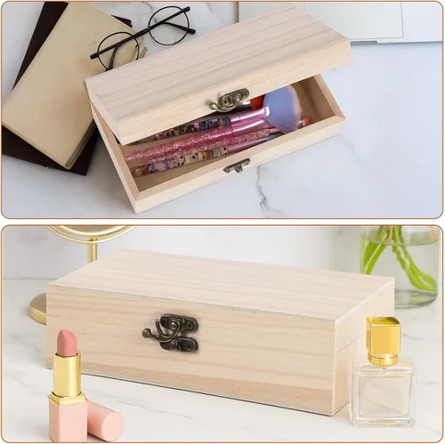Vista 6 de Paquete de 10 cajas de madera con tapa con bisagras, caja de madera sin terminar para manualidades, cajas grandes de madera sin pintar