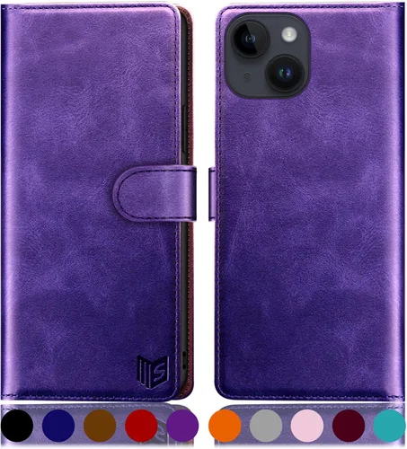 Vista 16 de SUANPOT Funda protectora tipo cartera con función atril para iPhone 15 de 6.1 pulgadas, con soporte para tarjetas de crédito RFID, funda de piel