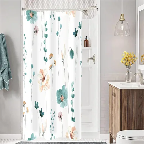 Vista 11 de Gibelle Cortina de ducha pequeña de 36 x 72 pulgadas, cortina de ducha estrecha de tela floral de media acuarela, juego de cortina de ducha Azul