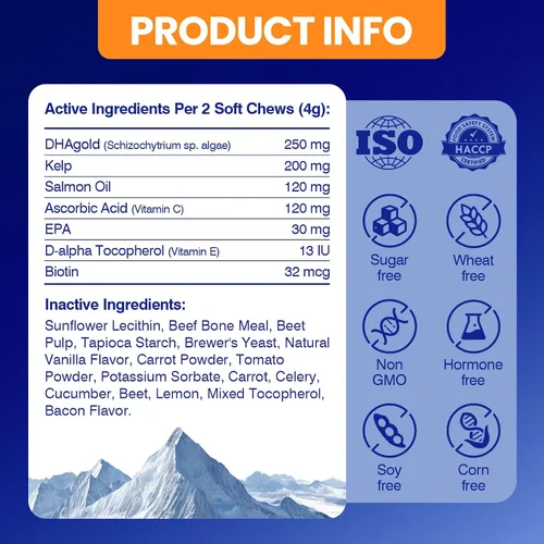 Vista 8 de Suplemento de Omega 3 para piel y pelaje para perros 200 masticables, suplementos de aceite de pescado para perros con ácidos grasos EPA y DHA