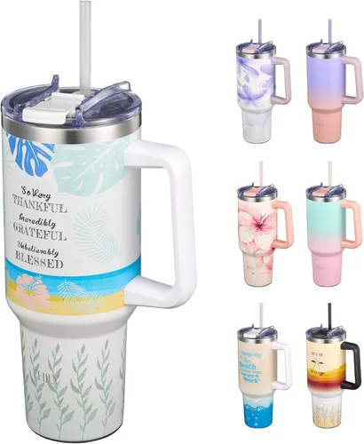 Vista 8 de THILY Vaso de 40 onzas de acero inoxidable con asa - Taza de viaje con aislamiento al vacío, tapa a prueba de salpicaduras y a prueba de fugas, 2