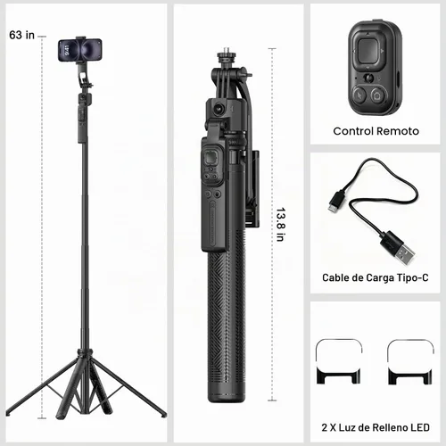 Vista 8 de Trípode de seguimiento automático de cara para iPhone con luz de 160 cm Palo selfie trípode soporte sigue tu movimiento 360° trípode de cámara