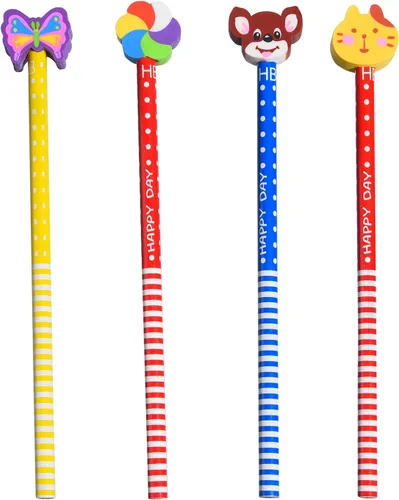 Vista 8 de QDXATIVP 28 lápices divertidos y lindos para niños, rayas coloridas con borradores de animales frutales surtidos, para escuela, oficina, aula