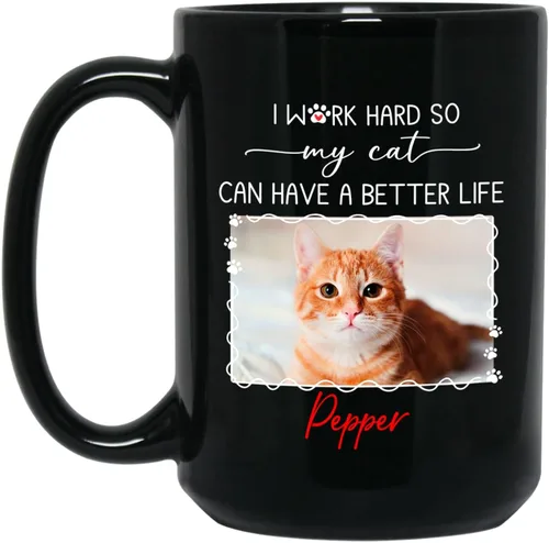 Vista 14 de Taza de café personalizada con nombre y foto de gato, marco de fotos personalizado para gato, taza de café negra de 11 onzas y 15 onzas, taza de té