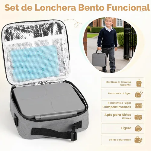 Vista 5 de Lonchera Bento con termo de sopa de 8 onzas, a prueba de fugas, 4 compartimentos, para niños, con taza de salsa y bolsa de hielo, tarro de comida
