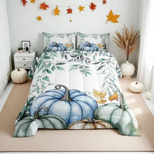 Vista 45 de Erosebridal Juego de edredón individual de pavo de Acción de Gracias, juego de ropa de cama de calabaza con hojas de otoño para niños y adultos