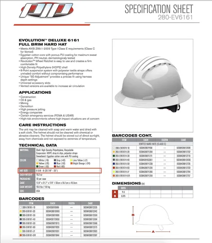 Vista 2 de 280-EV6161-10V Casco de ala completa con carcasa de HDPE, suspensión de poliéster de 6 puntos y ajuste de trinquete de rueda ventilada, color blanco
