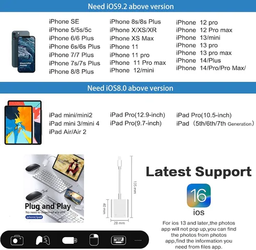 Vista 3 de KikoSaka Adaptador Lightning a USB para cámara para iPhone con puerto de carga Lightning Cable OTG USB 3.0 hembra Teclado Mouse Sin soporte para USB