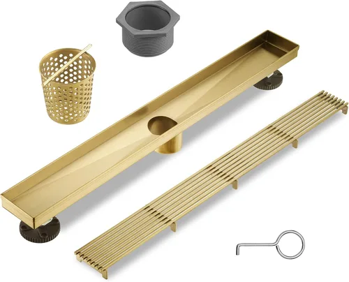 Vista 2 de Drenaje lineal de ducha rectangular de acero inoxidable 304 dorado cepillado, drenaje lineal de piso de drenaje rápido de 51 l/min, certificado CUPC