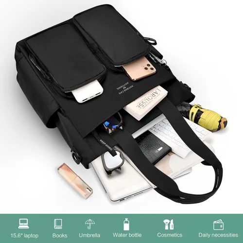 Vista 5 de Large Nylon Tote Bag for Women Work with Zipper Pocket Waterproof Laptop College Tote bag Shoulder Purse Travel Handbag