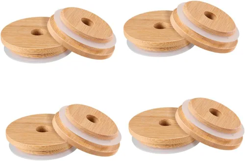 Vista 8 de Hemoton 8 tapas para tarros Mason con agujero para pajilla, tapa de tarro de bambú para conservas, tapas reutilizables para tarros de conservas