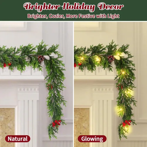 Vista 4 de Guirnalda de Navidad preiluminada de 6 pies con luces, guirnalda de cedro realista con bayas rojas, cono de pino artificial de tacto real, guirnalda