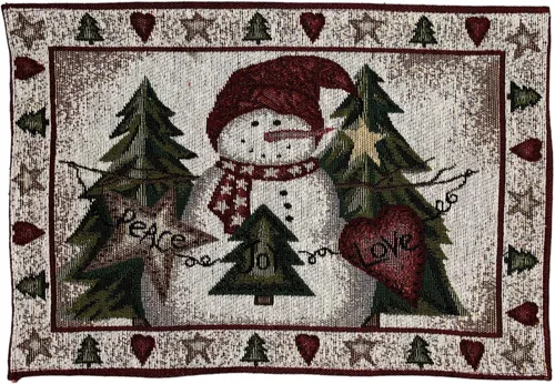 Vista 2 de Juego de 4 manteles individuales con diseño de árbol de Navidad, muñeco de nieve con paz, alegría, amor para temporada de vacaciones, decoración