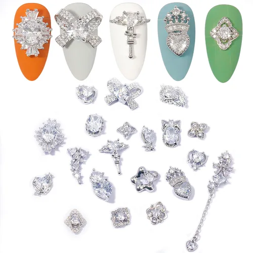 Vista 10 de Dijes y gemas para uñas, circonita de cobre dorado, múltiples formas 3D, diamantes de imitación de metal de lujo para uñas, 14 piezas 13 dijes