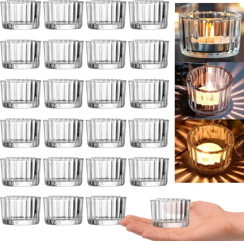 Vista 9 de GOLDEAL Portavelas ámbar Tealight, juego de 24 portavelas de vidrio grueso, portavelas votivas, para decoración de mesa de boda, suministros