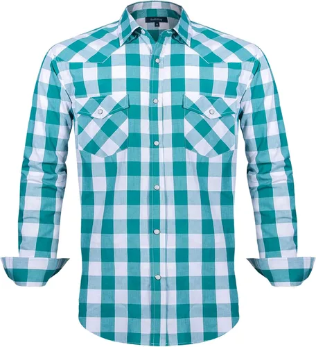Vista 19 de Men's Western Cowboy Shirts-Long Sleeve Snap Button Plaid Shirt, Regular Fit Cotton Casual Shirt