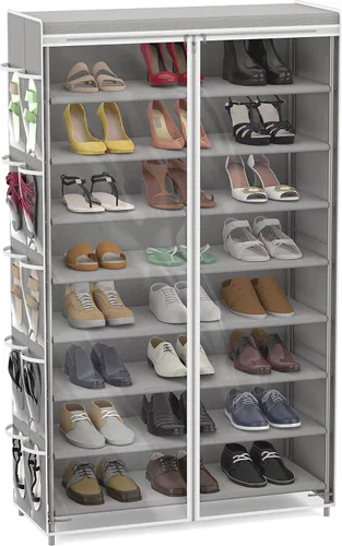 Vista 6 de Simple Houseware - Zapatero de 8 niveles con cubierta de cremallera y bolsillos para colgar, color marrón