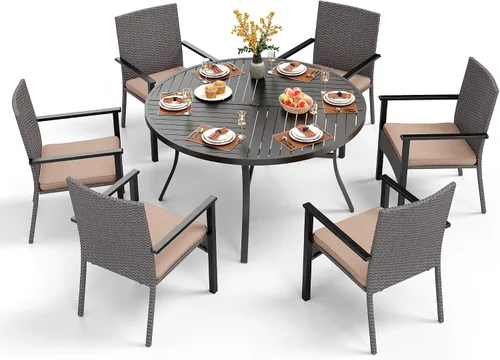 Vista 14 de PHI VILLA Juego de comedor al aire libre de 5 piezas para 4, mesa de comedor cuadrada de metal y sillas de mimbre de ratán con cojines, muebles