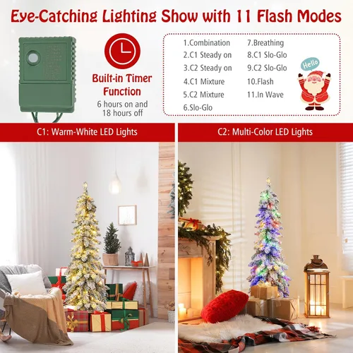 Vista 4 de GOFLAME Árbol de Navidad artificial preiluminado de 4 pies, árbol de Navidad delgado con nieve en forma de lápiz con luces LED multicolor y blanco