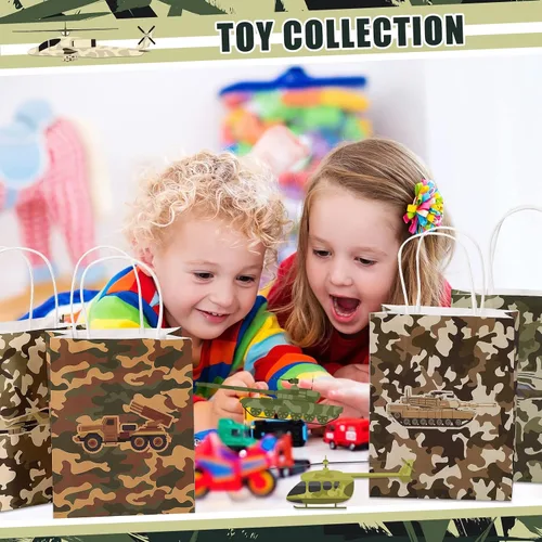 Vista 6 de Tallew Paquete de 24 bolsas de regalo de camuflaje para fiesta de cumpleaños, bolsas de regalo temáticas de camuflaje para niños y niñas, baby