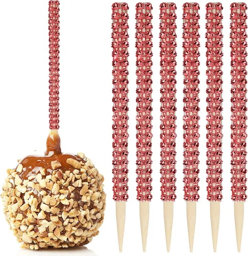 Vista 13 de 32 PIEZAS de Palitos de Manzana de Caramelo Brillantes de Bambú, Brochetas de Punta de Madera con Envoltura de Malla de Diamantes y Pedrería Negro