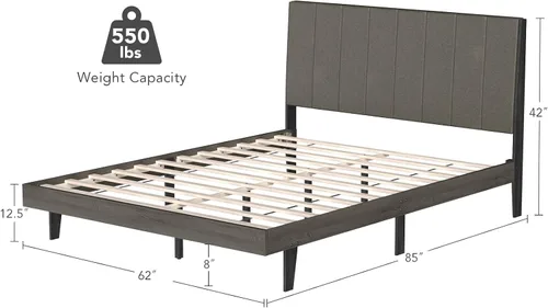 Vista 2 de Giantex Base de cama tapizada, soporte de listones de madera, base de colchón Queen con cabecera copetuda, cama de plataforma con patas de madera