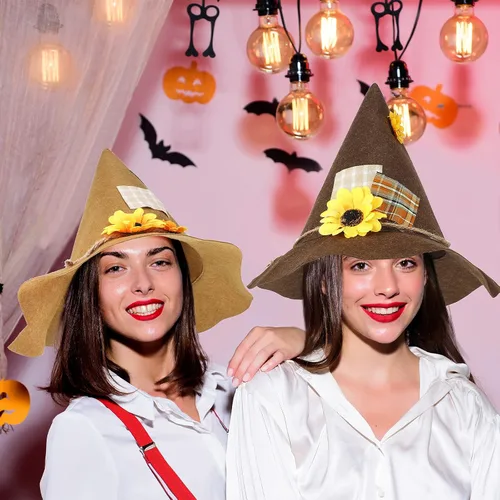 Vista 5 de SATINIOR 2 sombreros de espantapájaros de Halloween, diadema de bruja de girasol, diadema de fieltro para mujeres adultas, accesorio de fiesta
