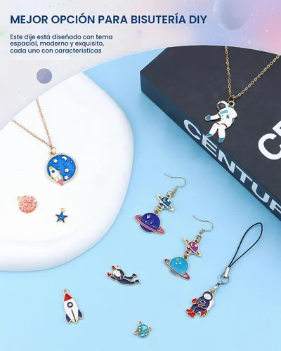 Vista 4 de JIALEEY Abalorio con temática espacial, chapado en oro, surtido de esmalte mixto de astronauta Júpiter, cohete, planeta, celestial, colgante