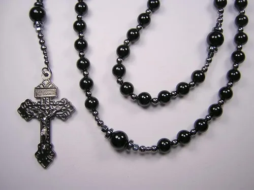Vista 4 de Rosario negro XLong para hombre de 25 pulgadas, ónix negro católico y jade azul oscuro, collar de piedras preciosas Gunmetal Masculino Católico