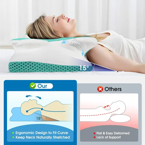 Vista 5 de CloudBliss Almohada cervical de espuma viscoelástica para cuello y hombro, almohada de contorno de cuello con funda refrescante, almohada de cama
