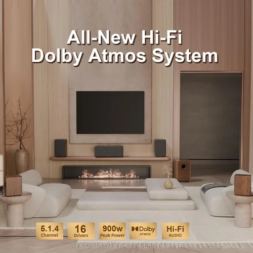 Vista 2 de Sistema de sonido de cine en casa HiFi 5.1.4ch, Dolby Atmos, sistema de sonido envolvente de 900 W para TV, barra de sonido con subwoofer, 4