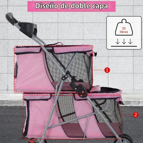 Vista 2 de Cochecito de perro de doble capa para 2 perros pequeños/gatos, 4 ruedas para mascotas con forro extraíble, cesta de almacenamiento, rotura de rueda