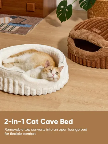 Vista 3 de FUKUMARU Cama tipo cueva para gatos, cama cerrada 2 en 1 para gatos de Crema