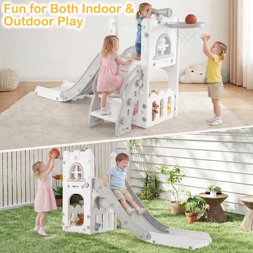 Vista 9 de OLAKIDS Tobogán para niños pequeños, 6 en 1 para interiores y exteriores, con aro de baloncesto, telescopio, almacenamiento de juguetes para niños