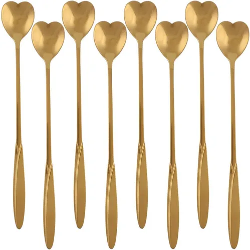 Vista 3 de Cucharas de acero inoxidable 304 para café, té, postre, bebida, mezcla, batido, vajilla, paquete de 8 (8 piezas en forma de corazón dorado)