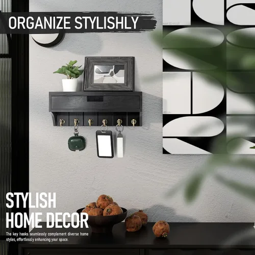 Vista 2 de Rebee Vision Organizador decorativo de llaves de madera de pino con montaje en pared y cajón – Organizador moderno de correo con 6 ganchos