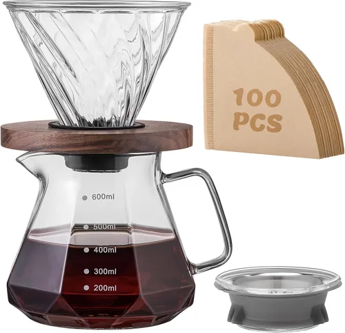 Vista 8 de Juego de Cafetera de Goteo – Jarra de Café con Asa de Bambú, Gotero de Café de Vidrio y 100 Filtros, Capacidad de 20oz/600ml