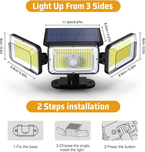 Vista 7 de Luces solares mejoradas para exteriores, 3 modos, 368 LED, luces solares de seguridad inalámbricas, IP65, impermeables, con sensor de movimiento