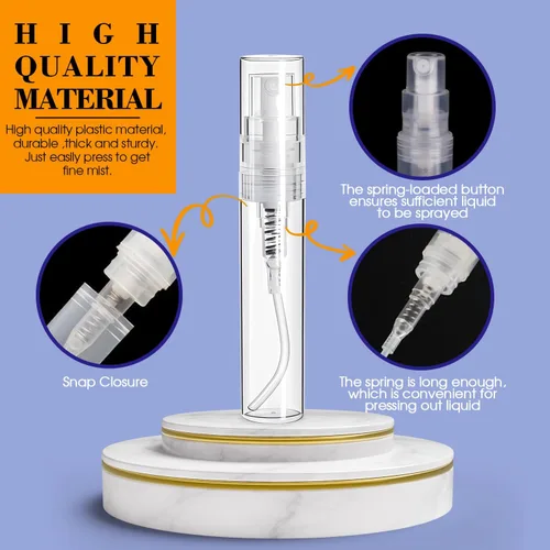 Vista 5 de 60 mini botellas de atomizador, botella de plástico transparente portátil, atomizador de perfume recargable de niebla fina vacía, recipientes