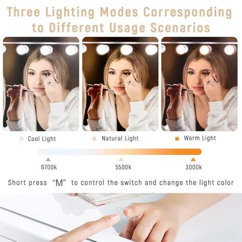 Vista 2 de Espejo de tocador de maquillaje con luces, 10 x 15 bombillas LED regulables, 3 modos de color, control táctil para dormitorio, mesa o pared