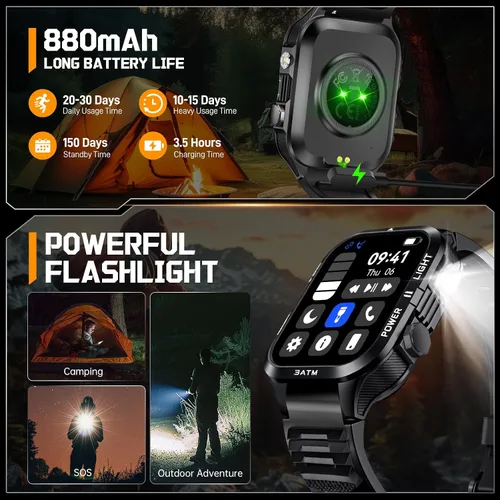 Vista 3 de Relojes inteligentes militares para hombre (responder/hacer llamadas) con potente linterna de 1.96 pulgadas HD, reloj inteligente táctico al aire